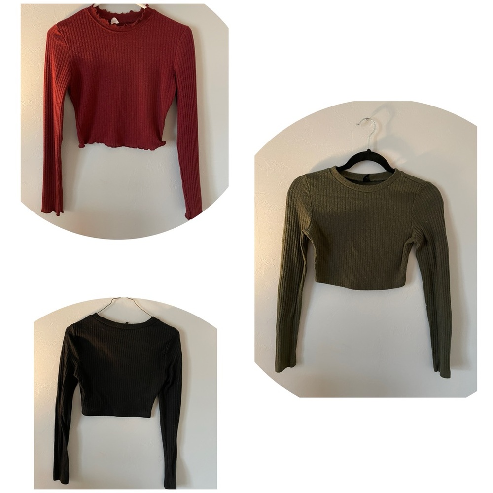 Three Long Sleeve Crops Tops: Red, Green, and Black